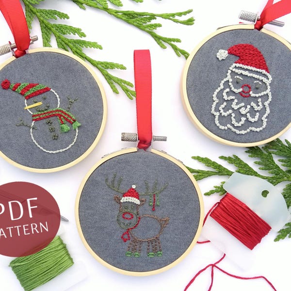 Weihnachtsornament Hand Stickmuster Set: Weihnachtsmann, Schneemann, Rentier, PDF Download