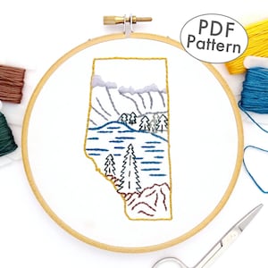 Alberta Hand Embroidery Pattern Featuring Moraine Lake, Canada Design PDF Download
