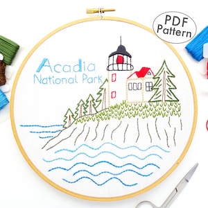 Acadia National Park Hand Embroidery Pattern PDF, Maine Lighthouse DIY Wall Art