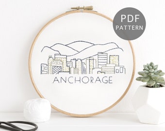 Anchorage Skyline handborduurpatroon, Alaska City Design, moderne PDF-download