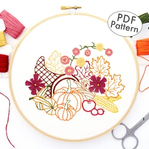 Cornucopia Hand Embroidery Pattern, Autumn PDF Download DIY Design
