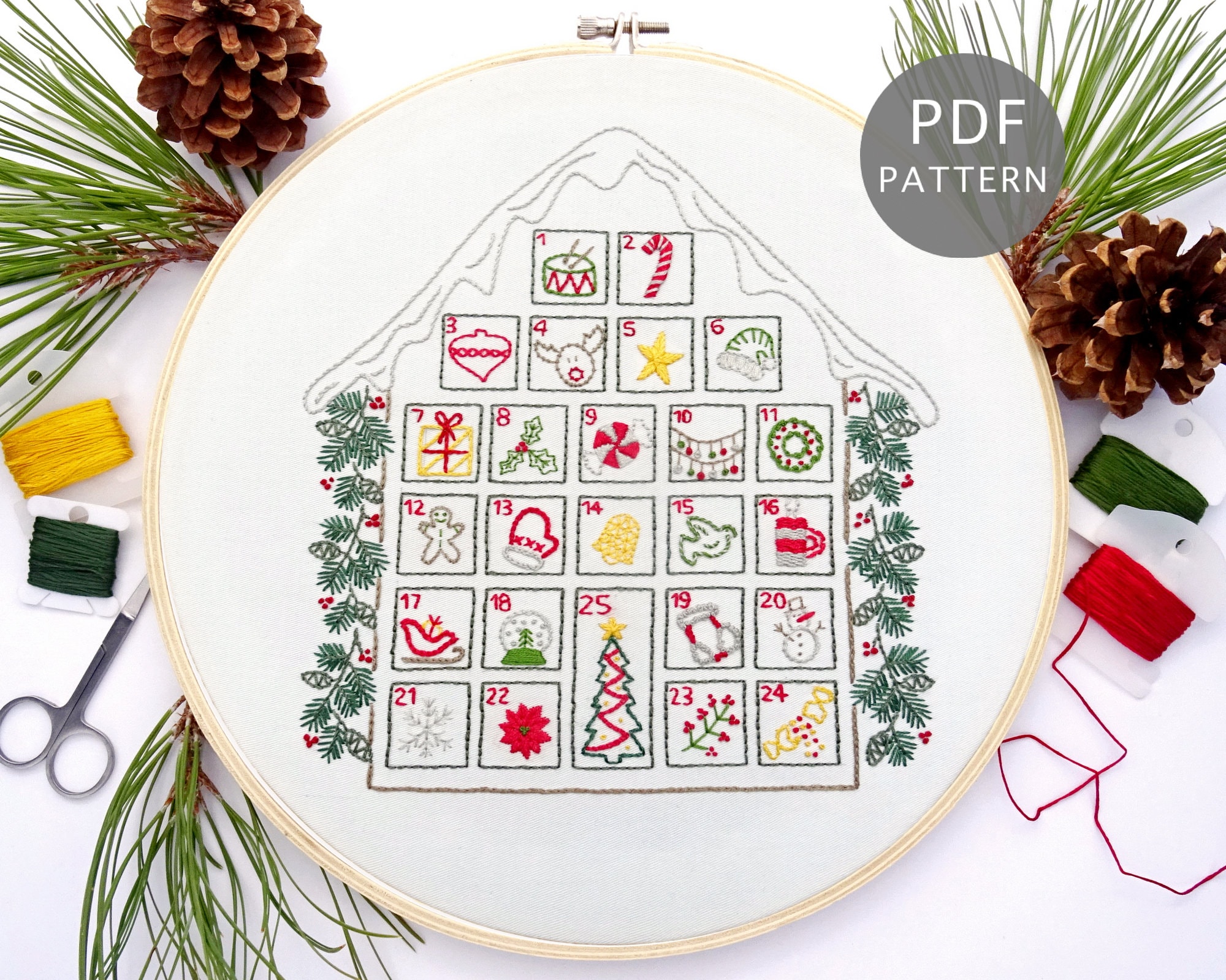 Advent Calendar Hand Embroidery Pattern, Stitch-a-day DIY Christmas Project  