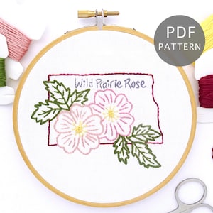 Wild Prairie Rose Hand Embroidery Pattern, North Dakota State Flower Design PDF Download