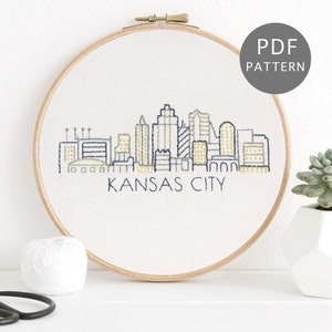 Kansas City Skyline Hand Embroidery Pattern, Simple Urban Design, Digital Download fits 6 or 7-inch Hoop