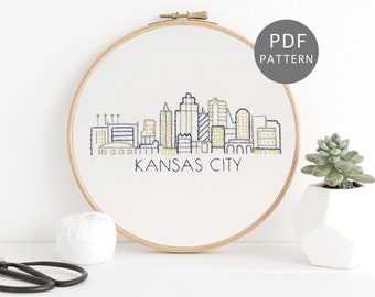 Kansas City Skyline Hand Embroidery Pattern, Simple Urban Design, Digital Download fits 6 or 7-inch Hoop