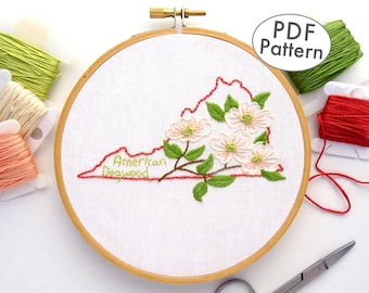 Dogwood Flower Hand Embroidery Pattern PDF, Virginia State Design