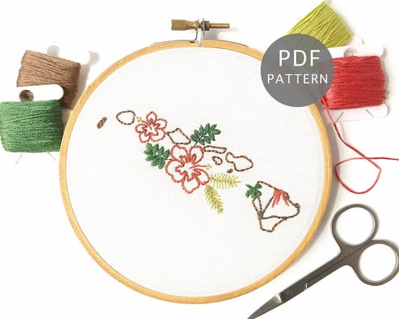 Hawaii Hand Embroidery Pattern with Pink Hibiscus & Fern, Modern Needlepoint, State Wall Art