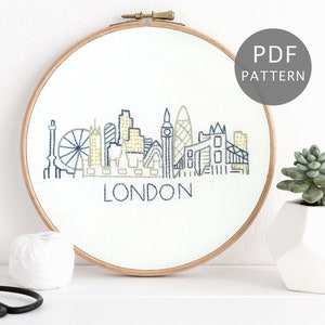 ロンドンのスカイラインの手刺繍パターン、イギリスの都市スカイラインのデザイン PDF