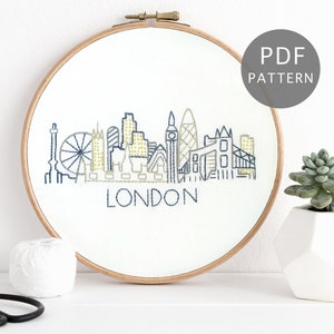 London Skyline Hand Embroidery Pattern, England City Skyline Design PDF