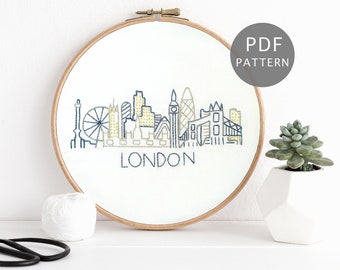 London Skyline Hand Embroidery Pattern, England City Skyline Design PDF