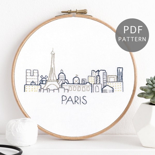 Paris City Skyline Hand Embroidery Pattern, DIY France Design, Urban Hoop Art