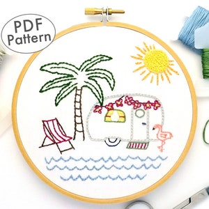 Retro Camper Palm Tree Hand Embroidery Pattern, Tropical Airstream Design