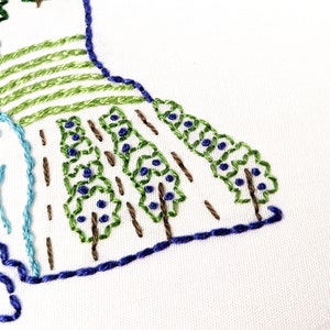May include: Close-up of a hand-stitched embroidery design featuring a blue river, green fields, and brown trees on white fabric.