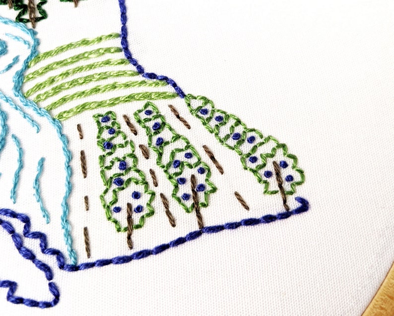 May include: Close-up of a hand-stitched embroidery design featuring a blue river, green fields, and brown trees on white fabric.