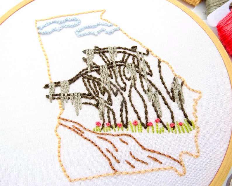Hand Embroidery Pattern With Live Oak Trees State Etsy