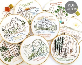California National Park Embroidery PDF, Yosemite, Joshua Tree, Sequoia, Lassen Volcanic, Redwood, Death Valley, Pinnacles, Channel Islands