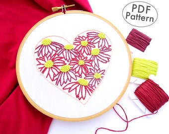 Red Flowers & Heart Hand Embroidery Pattern, Floral Valentines Day Gift PDF Download