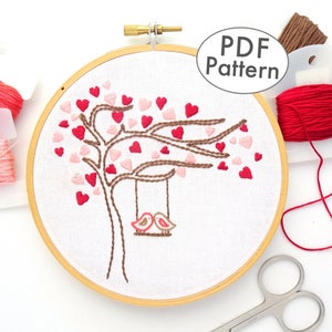 Love Birds Tree Hand Embroidery Pattern PDF Download, DIY Valentines Day Gift image 1