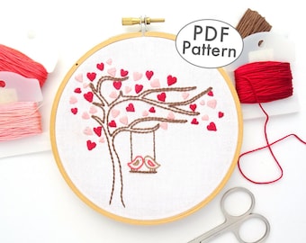 Dwergpapegaaien Boom Hand Borduurpatroon PDF Download, DIY Valentijnsdag Cadeau