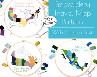 Travel Map Hand Embroidery Pattern with Custom Text: United States, Canada or Mexico Embroidery Map & Travel Gift