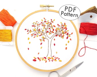 Patrón de bordado a mano de árbol de otoño, diseño de hojas que caen Descargar PDF