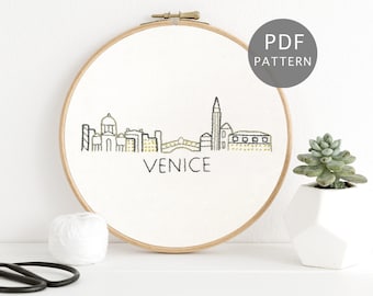 Venice Skyline Hand Embroidery Pattern, Italy City PDF Design, Simple DIY Hoop Art