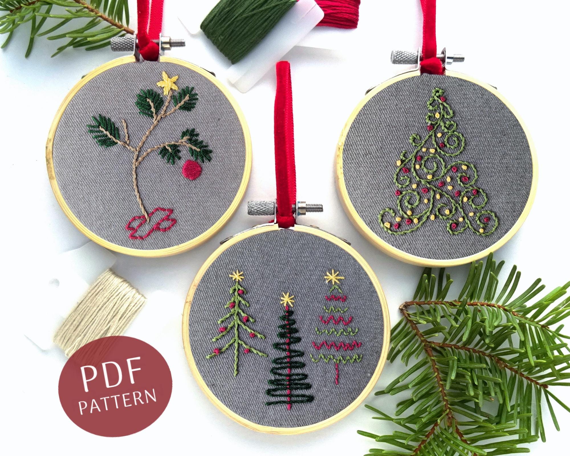 クリスマスツリーの手刺繍パターンセット：ホリデーオーナメントトリオ