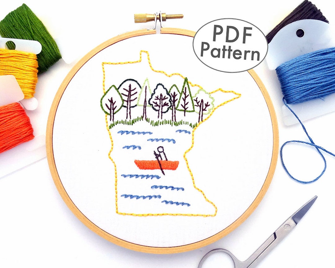 Minnesota Hand Embroidery Pattern With Forest & Lake, Modern State ...