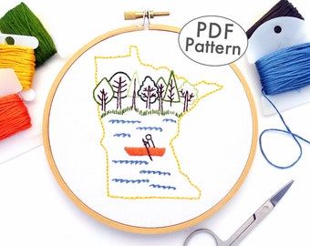 Minnesota Hand Embroidery Pattern with Forest & Lake, Modern State Design Digital Download