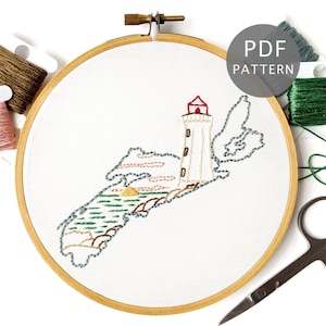 Nova Scotia Hand Embroidery Pattern PDF Download, Peggy&#39;s Point Lighthouse Canada Design