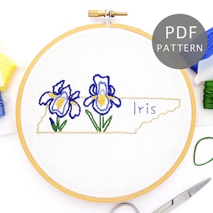 Iris Flower Hand Embroidery Pattern, Tennessee State Design PDF Download