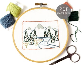 Download digitale del modello di ricamo a mano del Wyoming, Easy Mountain Design