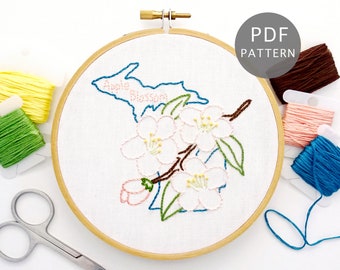 Michigan Apple Blossom Hand Embroidery Pattern, State Flower Design PDF Download