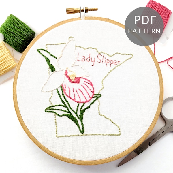 Lady Slipper Flower Hand Embroidery Pattern, Minnesota Design PDF Download