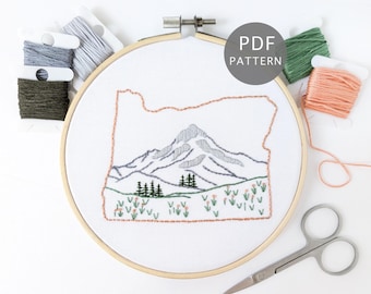 Descarga en PDF del patrón de bordado a mano de Oregón, diseño del contorno del estado de Mount Hood