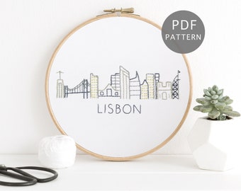 Lisbon Portugal Hand Embroidery Pattern, City Skyline PDF Design