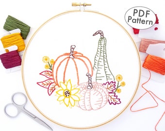 Pumpkins & Fall Leaves Hand Embroidery Pattern PDF Download, Autumn DIY Design