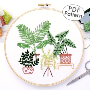 Houseplant Hand Embroidery Pattern Digital Download with Palm Tree, Elephant Ear & Fern DIY Design