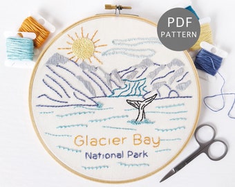 Glacier Bay National Park Handborduurpatroon, Alaska PDF-ontwerp met walvis & bergen