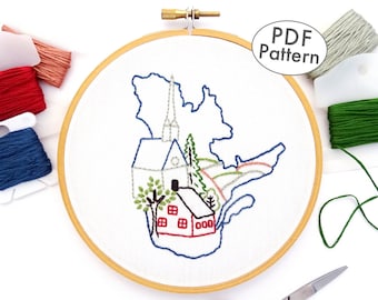 Quebec, Canada Hand Embroidery Pattern with White Church, PDF Digital Download