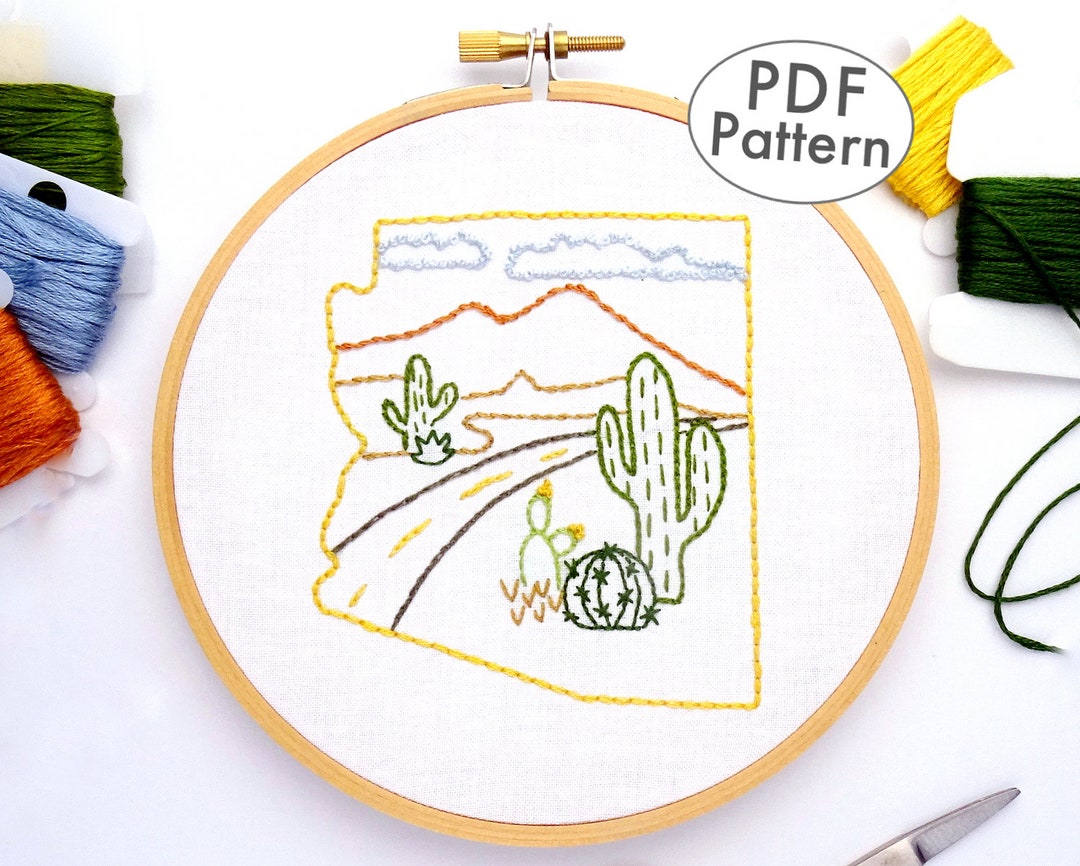 Arizona Hand Embroidery Pattern With Cactus & Mountains, DIY Southwest ...