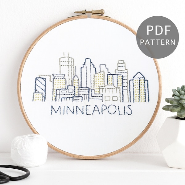 Minneapolis Skyline Hand Embroidery Pattern, Minnesota City Design PDF Download