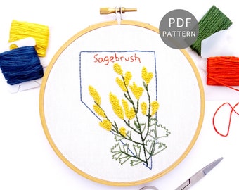 Sagebrush Flower Hand Embroidery Pattern, Nevada State Design PDF Download