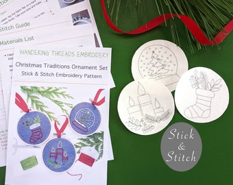 Kerstkous, Kaars & Sneeuw Globe Borduurstok en Stick Patronen, Vakantie Ornament Designs, DIY Gift