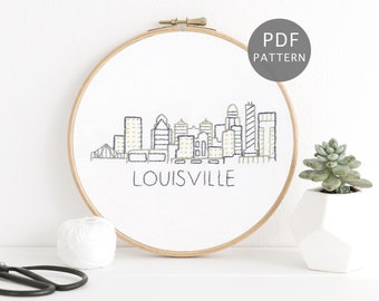 Louisville City Skyline Hand Borduurpatroon, Kentucky Urban Design, DIY Hoop Art