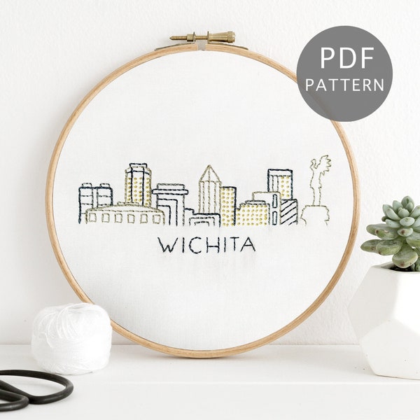 Wichita Kansas Skyline Hand Embroidery Pattern, Simple City Design PDF Download