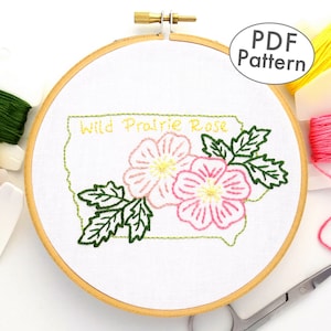 Wild Prairie Rose Iowa Blumen Handstickmuster, einfaches Zustand Blumenmuster