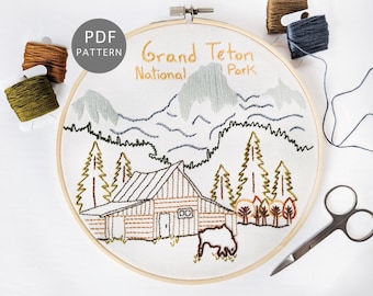 Grand Teton National Park Hand Embroidery Pattern PDF Download, Wyoming Wall Art