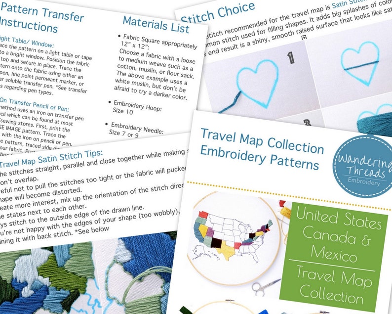 Travel Gift /& PDF Embroidery Canada Embroidery United States Embroidery Mexico Embroidery Travel Map Collection Hand Embroidery Pattern