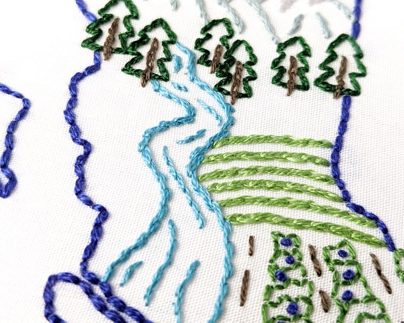 May include: Close-up of an embroidered design featuring a blue river winding through a green landscape with brown trees. The river is surrounded by green hills and a blue border.